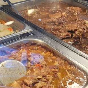 [Counter Clockwise]:  sautéed sayote (chayote), pork batchoy, bistek tagalog (beef steak in onion and soy sauce gravy)