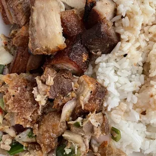 $10 - half white rice, half fried rice with sisig and lechon