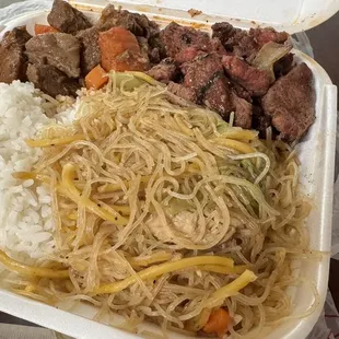 Half steamed rice/pancit with beef kaldereta and bbq pork as entrees for $11.25 (2 entree combo)