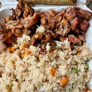 BBQ chicken and pork with fried rice and lumpia