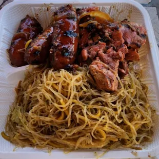 2 item combo with sausage (good), BBQ chicken (great), and noodles (average)