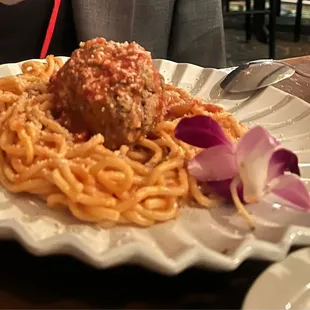 Spaghetti with meatball.