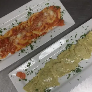 Asparagus ravioli with pesto cream.  Smoked Gouda ravioli with marinara