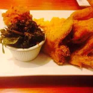"Soul food" night. Fried chicken, seasoned collards, sweet potatoes, &amp; macaroni and cheese.