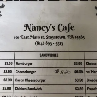 the menu for the restaurant