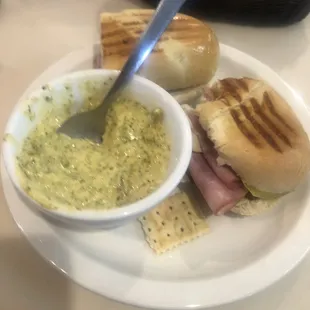 Cubano sandwich and broccoli soup
