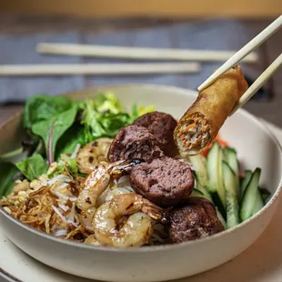 Vermicelli with Viet pork sausage, shrimp and eggroll