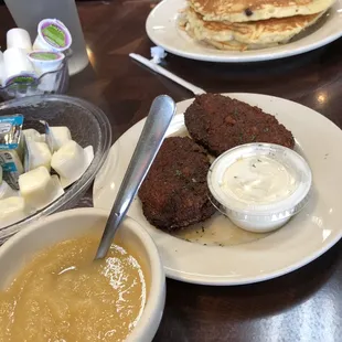 Potato pancakes and chocolate chip pancakes