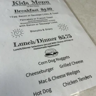 Kids menu
