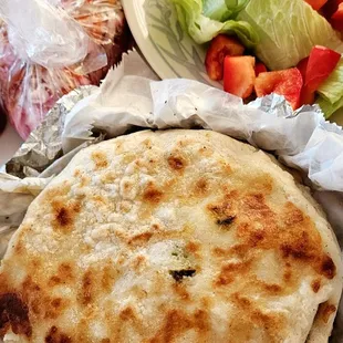 3 pupusas with sauce and veggies (extra bav not pictured) to go with my home salad