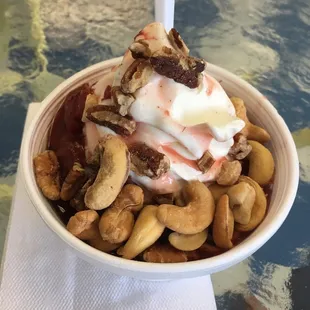 Strawberry sundae with cashews and pecans!