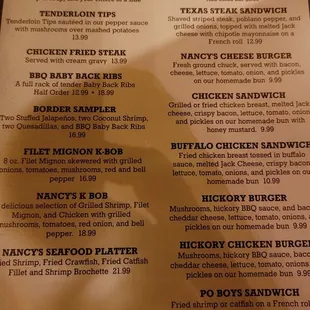 Menu burgers