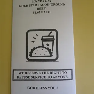 Love the GOD BLESS YOU on the back of their menu