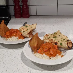 Chicken tiki masala, basmati rice, vegetable samosa and garlic naan