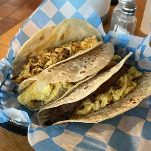 breakfast tacos, good size and taste great!