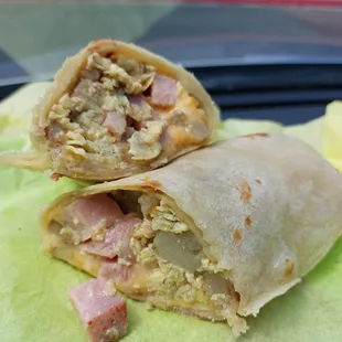 Eggs, Potatoes, Ham and Cheese Burrito