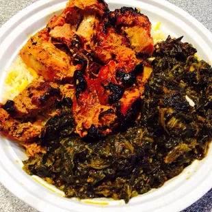 chicken kabob and saag over basmati rice