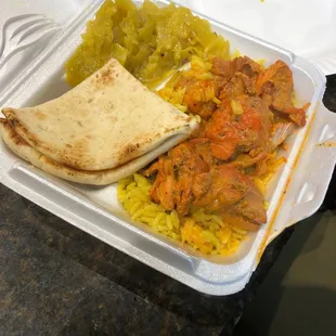 Tiki masala, curry cabbage, naan