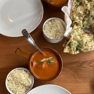 Butter chicken, Chicken Tikka Masala, garlic basil naan