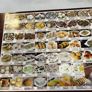 a menu with a variety of food items