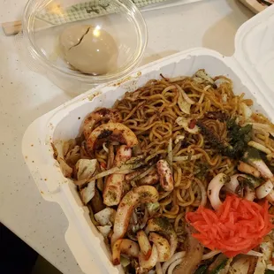 Yakisoba, kimchee and egg on the side