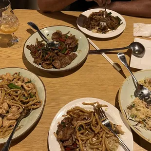 Mongolian beef, chicken chow mein, pork fried rice.