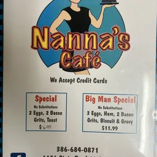 menu for nannas cafe