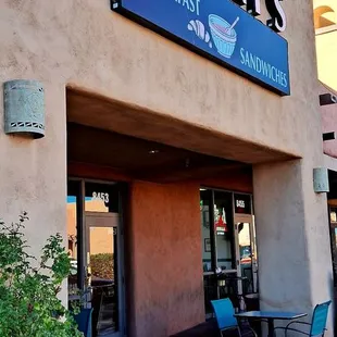 Store front view from the sidewalk.  Outdoor patio seating, too!