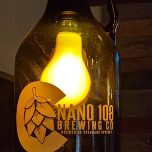 a beer bottle with a light bulb