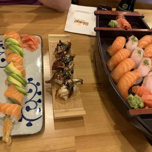 Superman Roll, Eel Sushi, Salmon Sushi, Yellowtail Sushi
