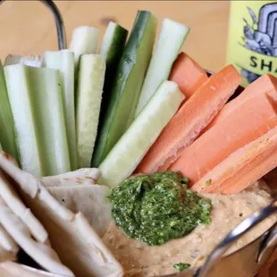 Veggies + Dip -- roasted garlic cannellini bean dip, carrot, cucumber, warm pita, herb pistou.