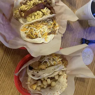 Potato Egg Bean and Bacon. CG with cheese and a couple of other tacos.