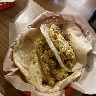 Chorizo and egg on the left and spam and egg on the right