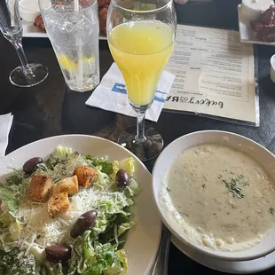 Side Caesar Salad, mimosas New England Clam Chowder