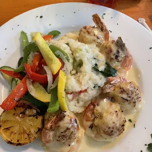 Stuffed Shrimp (stuffed with crab meat) with creamy spinach risotto, with steamed veggies with lemon sauce