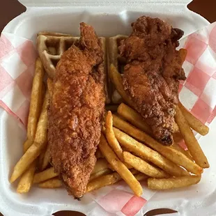 Medium tenders with fries and waffles.