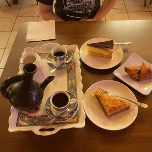 Sambusas, baklava, tiramisu and Ethiopian coffee