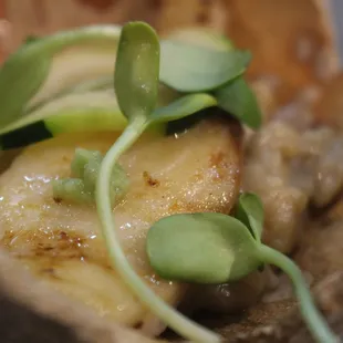 Black Cod, foie gras sauce rice, zucchini, sunflower sprout, and wasabi.