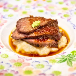 Beef "Onion, Ginger, soy sauce, Lotus, puree rice, Local Radish, Wasabi"
