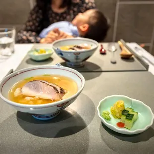 Black cod soft roe "Black cod, sesame tofu, micro red, Green Parsnip, White miso soup, Yuzu kosho pepper"