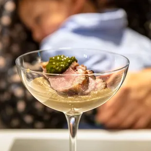 Duck "Gobo, Foie gras sauce, Green, Shungiku puree, mustard seed"