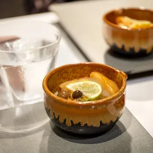 Seared yuan Scallop "Potato Egg tofu, Mountain potato, Cucumber, Shimeji, sesame seed, vinegar jelly, Green, lime"