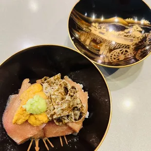Blue Fin Tuna, Sea Urchin, Seaweed Soy Sauce, Yuba Rice, Wasabi