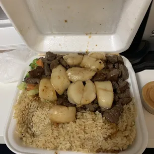 a meal in a styrofoam container