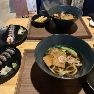 Udon &amp; spicy tuna and salmon rolls