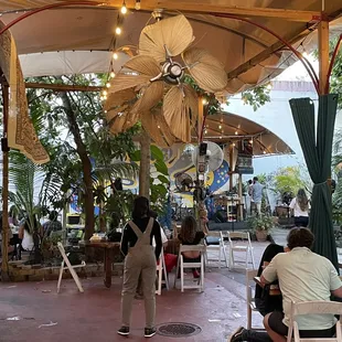 people sitting under umbrellas