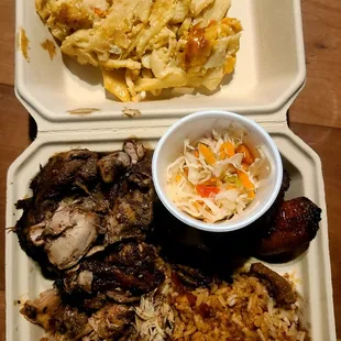 Jerk chicken with rice &amp; peas, sweet plantains, and side order of mac &amp; cheese - entire meal was fire - sooo good!