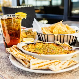 a plate of food and drink