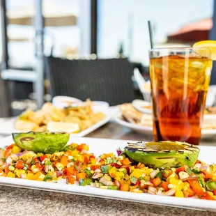 a plate of food and a drink