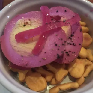 Pickled Eggs $2.95 - pretty, but had better elsewhere (Joe Jost&apos;s the Best!) like the goldfish crackers though!